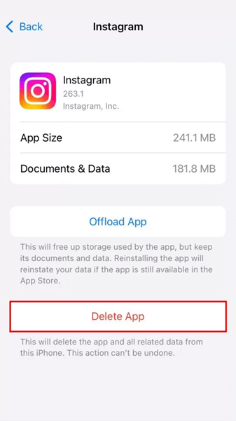 Select the Delete App or Offload App option