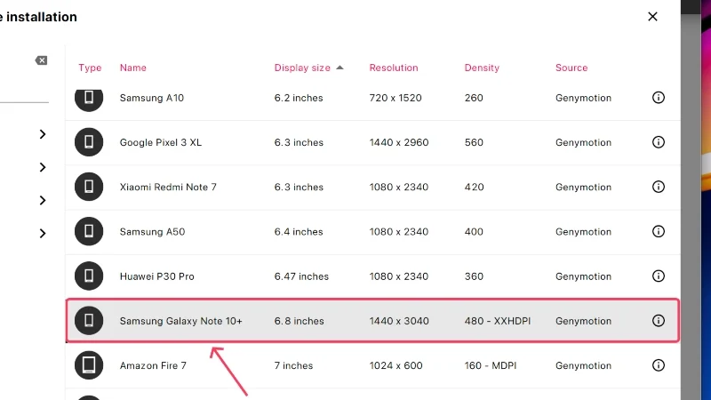 select genymotion device - galaxy note 10+