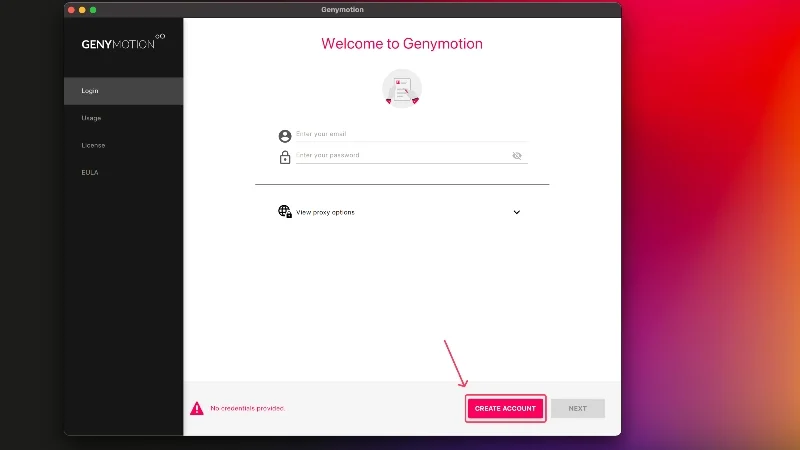 create genymotion account