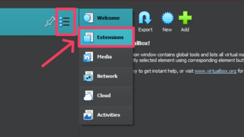 open extensions option in virtualbox