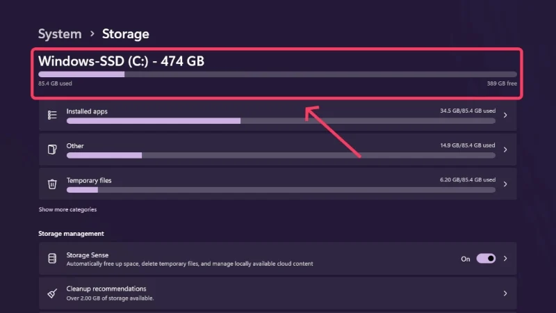 check for system storage on windows