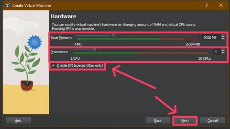 set ram capacity, cpu cores, and enable efi