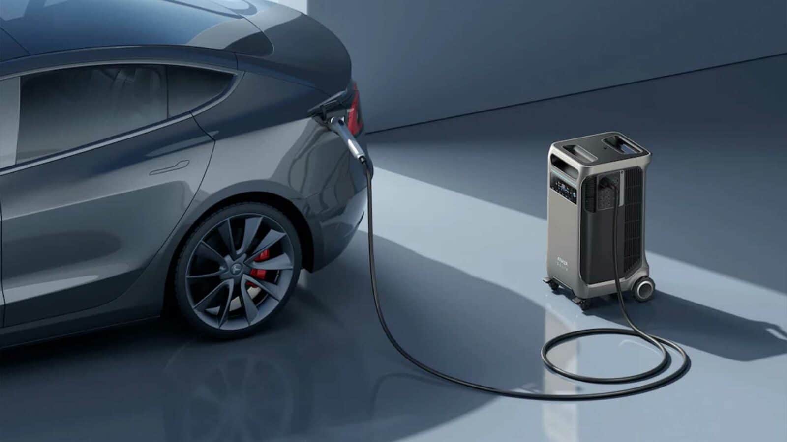 Central eléctrica portátil Anker solix f3800 que carga un vehículo eléctrico