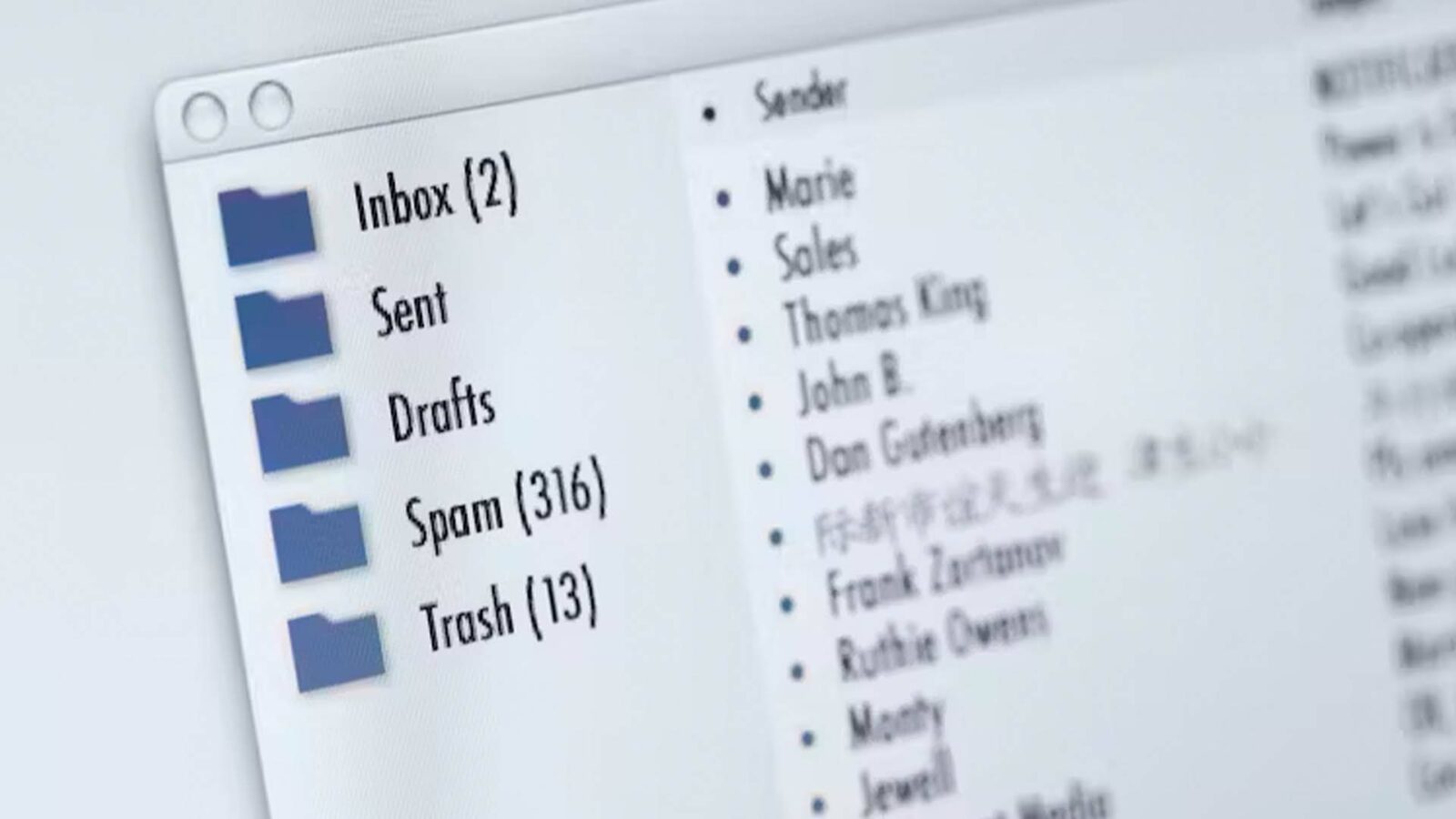 На изображении показан почтовый ящик с различными папками, содержащими электронные письма от разных отправителей. Полный текст: входящие (2) · отправитель · Мария отправлена ​​· черновики продаж. Томас Кинг. Джон Б спам (316) · Дон Гутенберг мусор (13) · Фрэнк Зуртионзе · Рути Оверс. Монти. Джуэлл