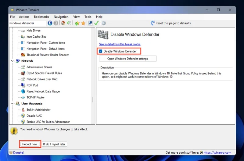 disabling windows defender using winaero tweaker.