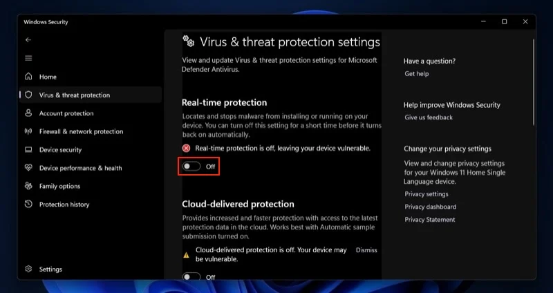 turning off windows defender's real-time protection.