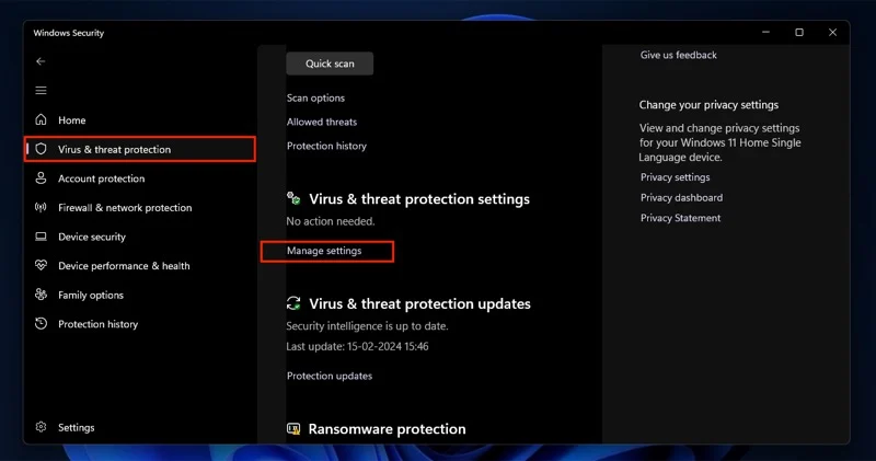 virus & threat protection settings on windows 11.