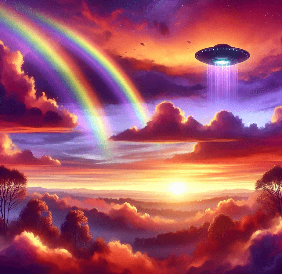 DALL-E UFO al tramonto arcobaleno