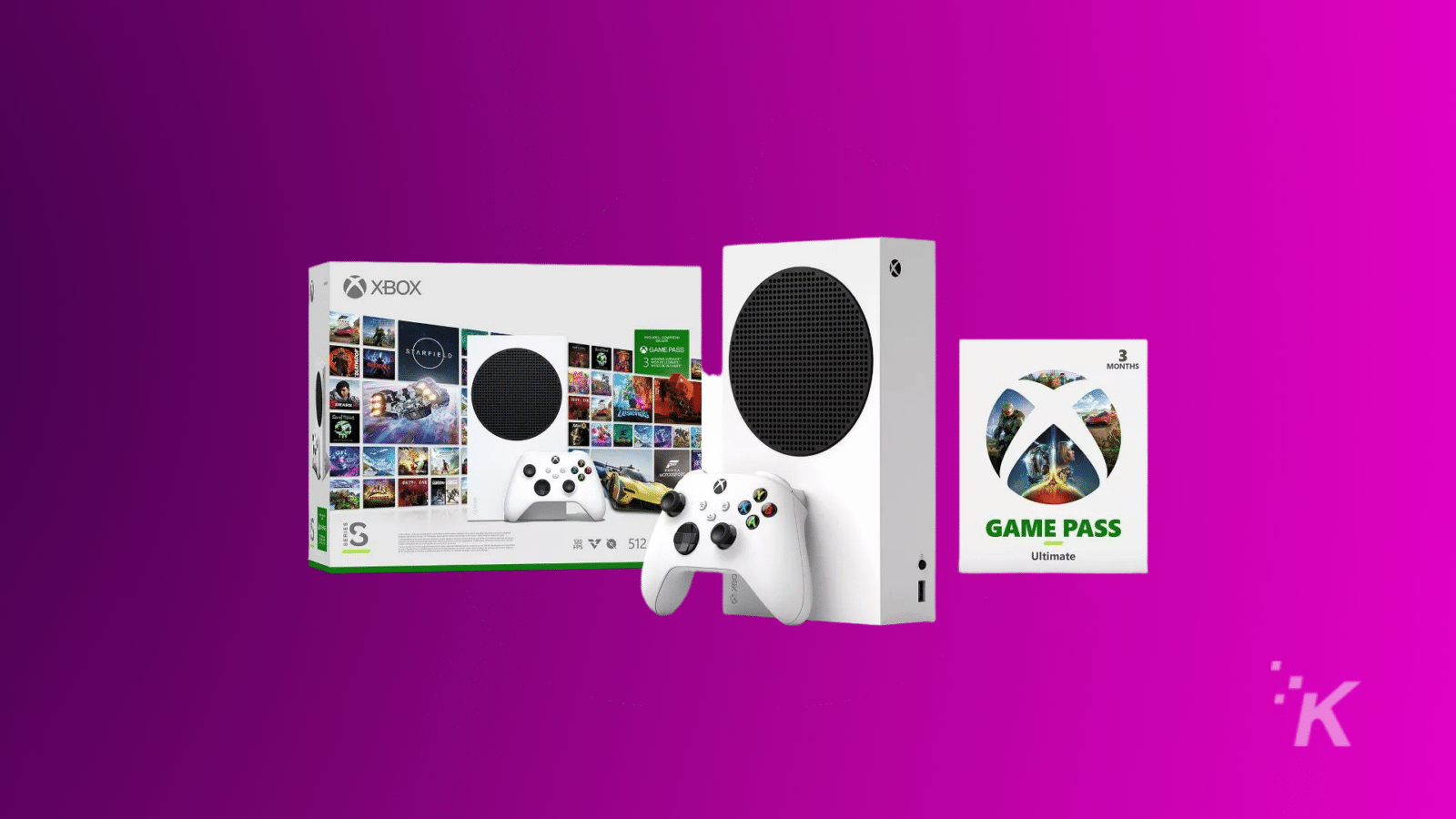 คอนโซลและคอนโทรลเลอร์ของซีรีส์ xbox กล่องบรรจุภัณฑ์ และการ์ดเกม xbox pass ระยะเวลา 3 เดือนบนพื้นหลังสีม่วง