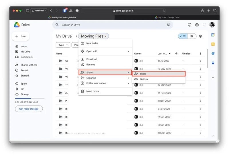 accessing share options on a folder in drive.