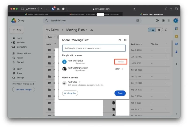 verifying ownership change for the shared drive folder.