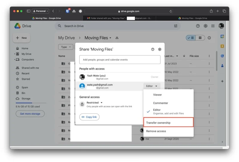 change shared folder's ownership using the transfer ownership button in google drive.