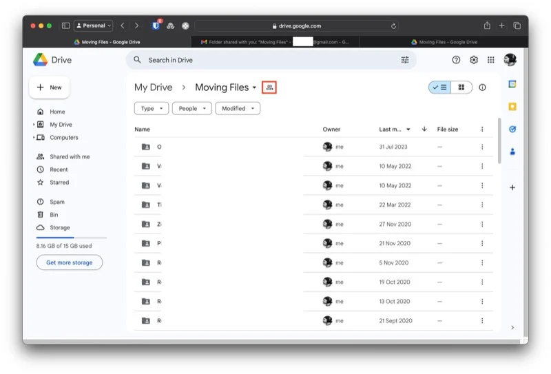 accessing the share window for the shared drive folder.