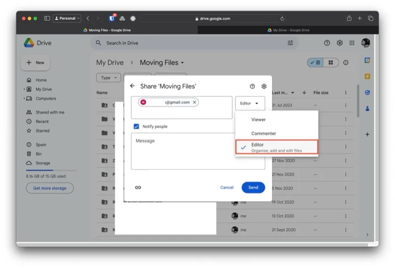 configuring a drive folder's access privileges. 