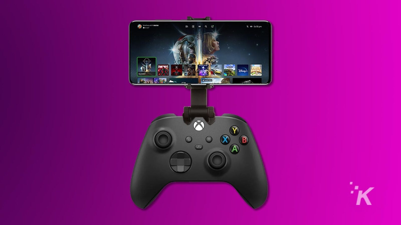 Controlador Xbox com telefone no modo de reprodução remota