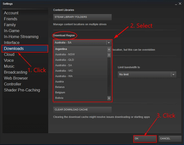 select your region from the Download Region