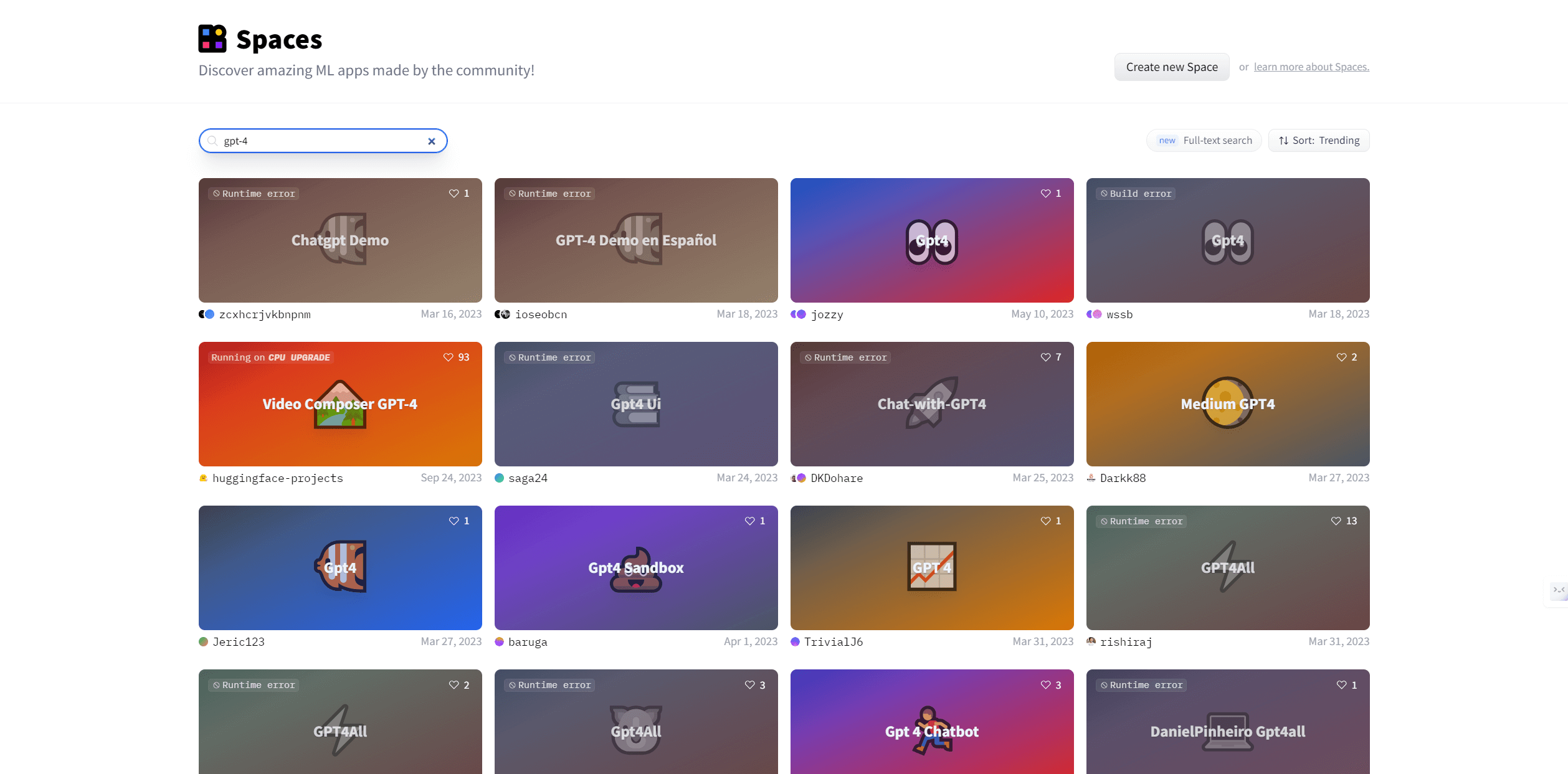 Tangkapan layar GPT-4 Spaces di situs web komunitas AI sumber terbuka Hugging Face