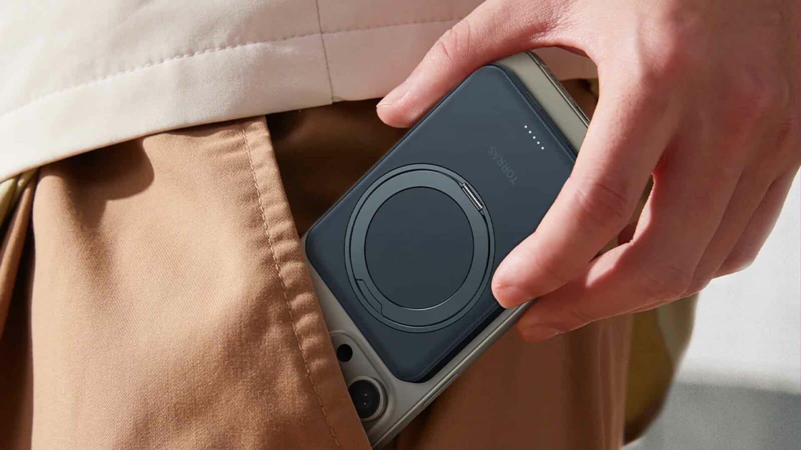 Torras magnetic portable charger in pants pocket.