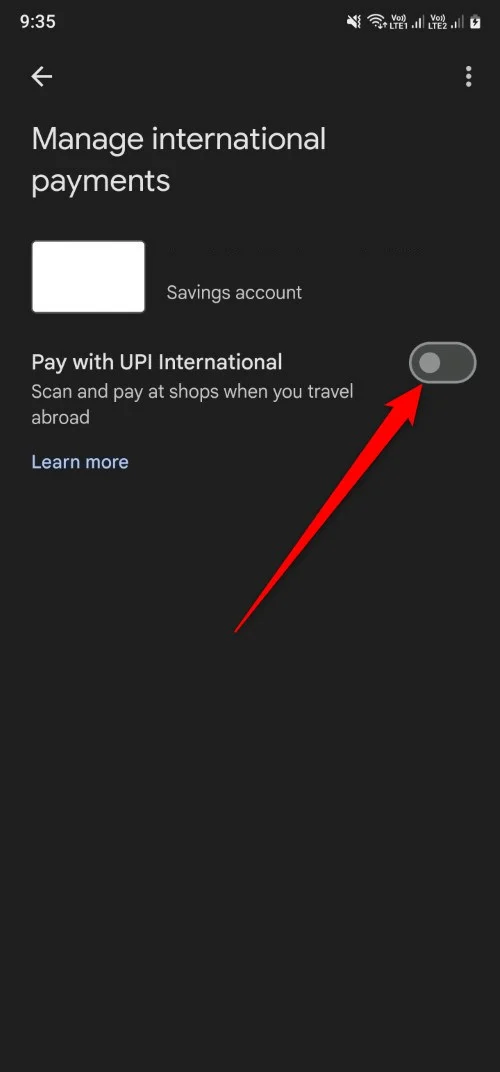 toggle to turn on upi international