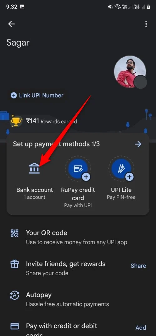 option to select bank account in google pay