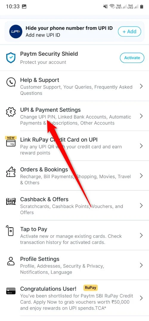 upi settings option paytm app