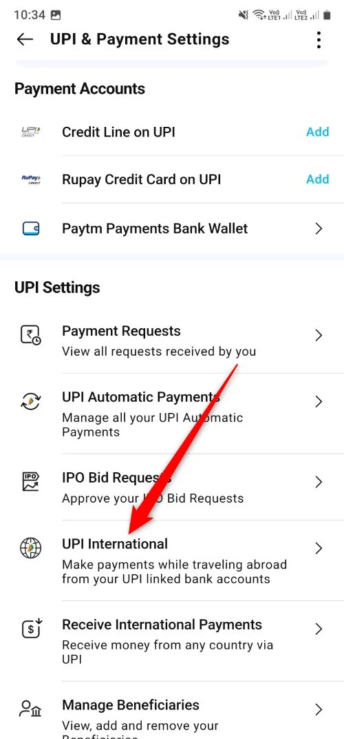 option to turn on upi international on paytm