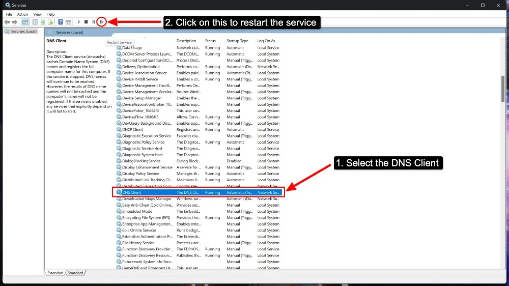 restart dns service on windows