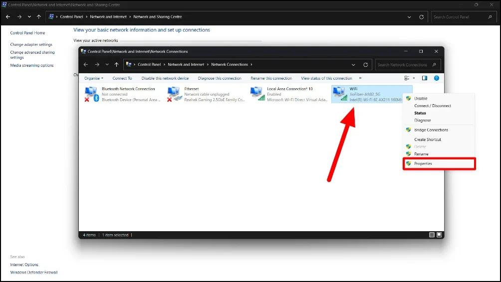 network properties on windows