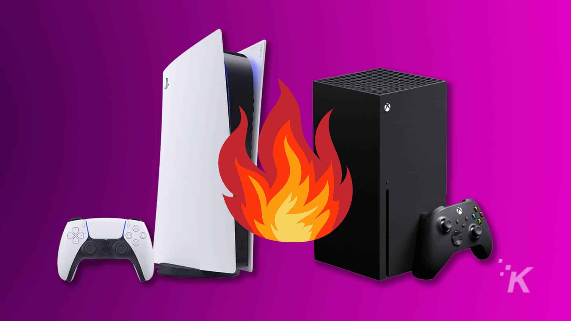 Playstation 5 and xbox with fire illustration