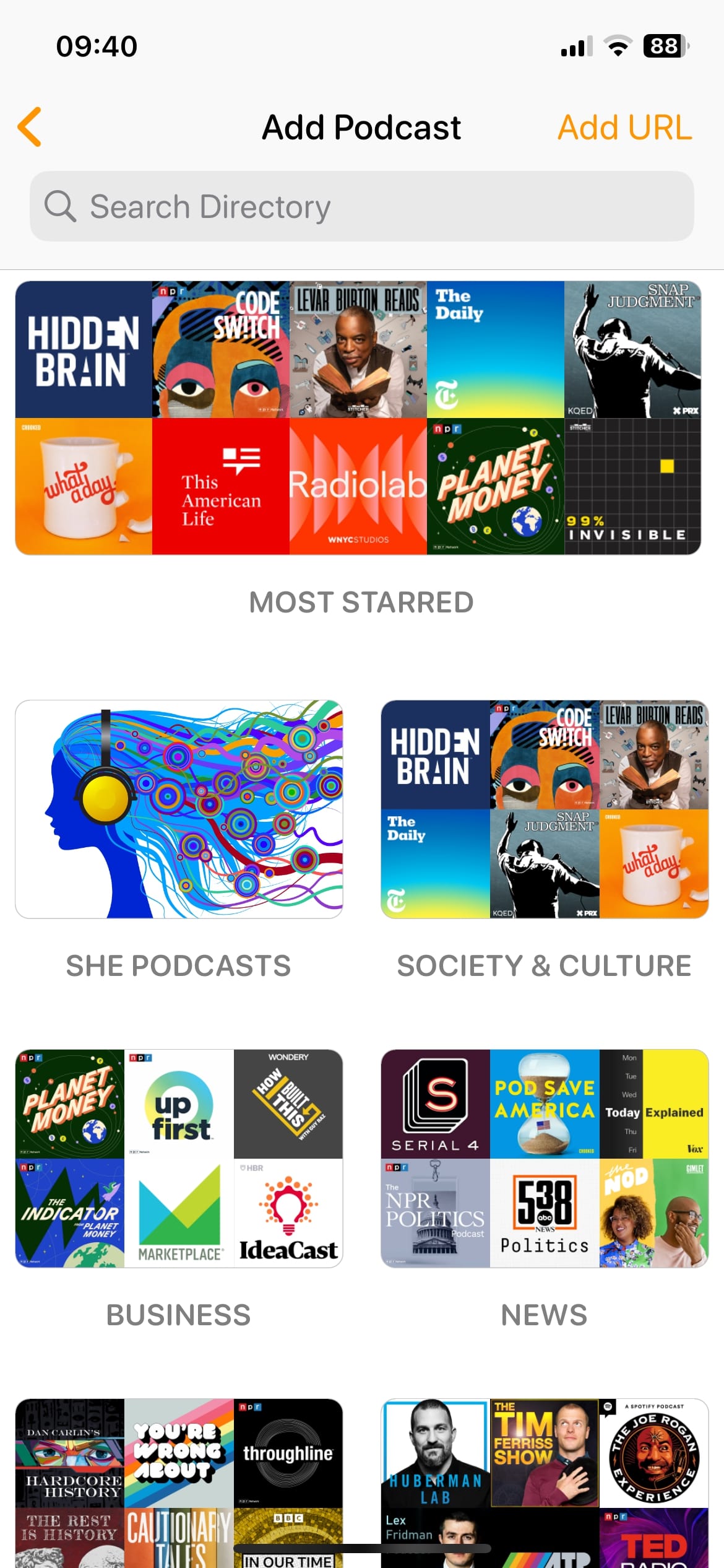 Busque podcasts y agregue pantalla abierta en la aplicación de podcasts Overcast para iOS