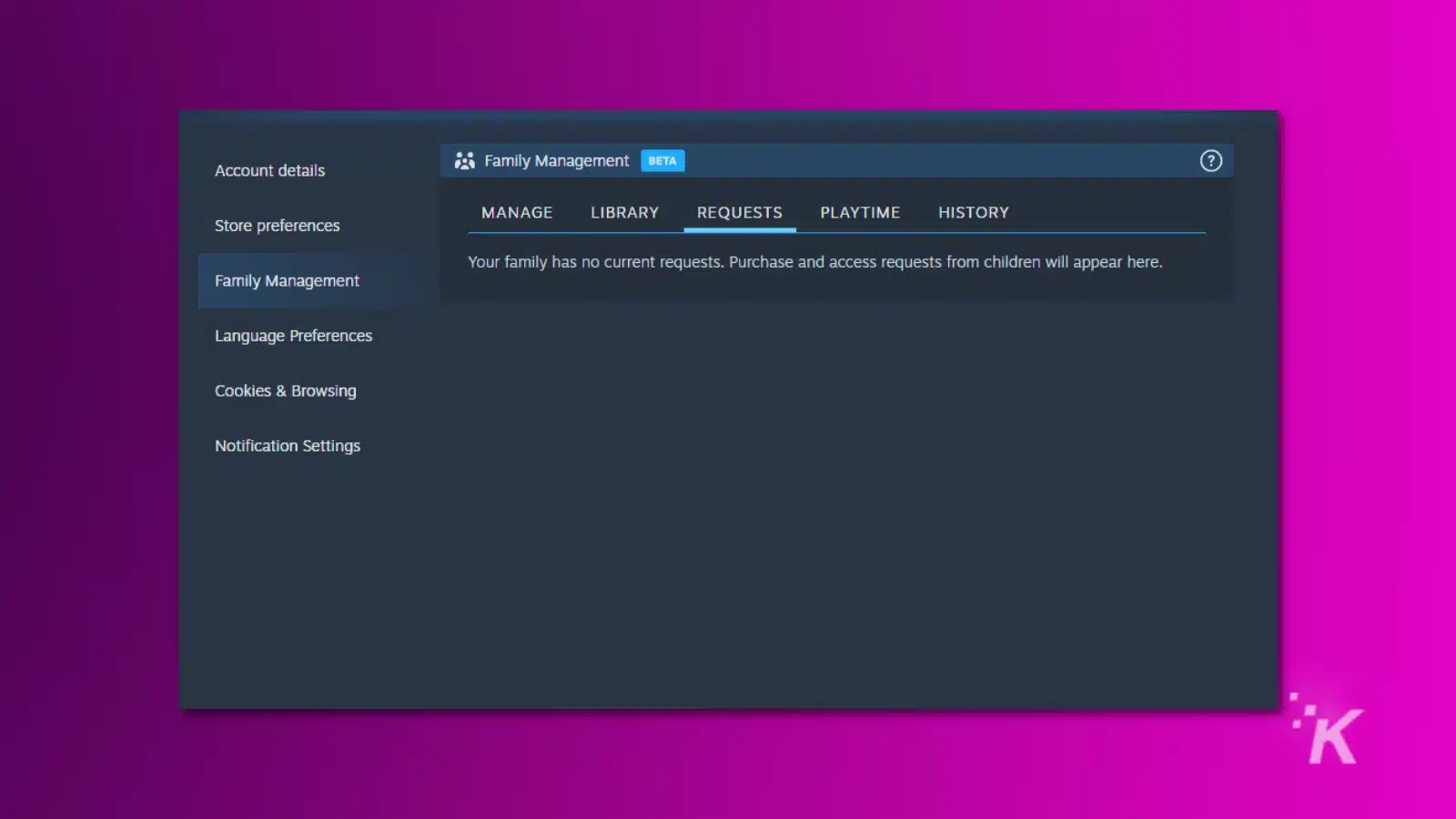 Screenshot of steam families parental controls tab for managing child requests