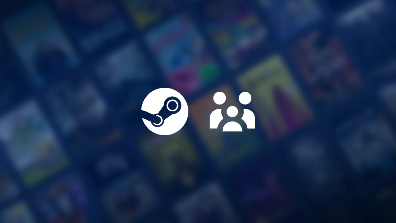 Steam families logos on a blurred view of a steam game library