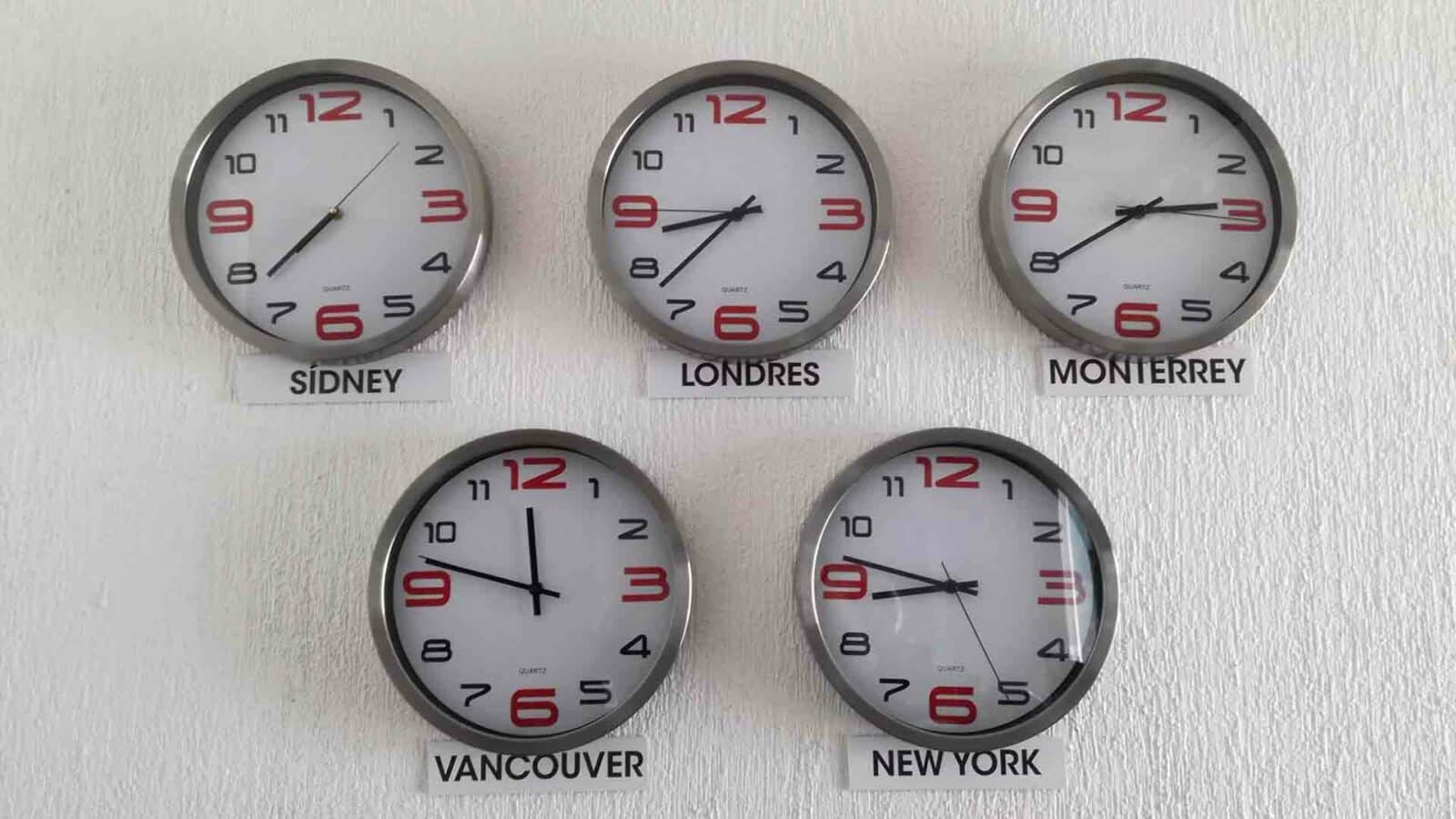 Clocks showing different time zones from around the world.