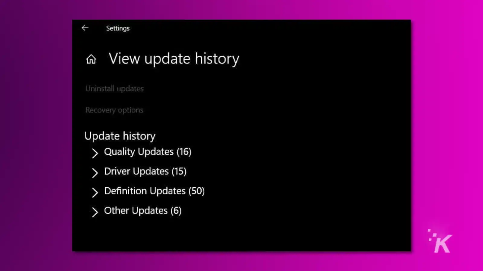 Screenshot of windows 10 settings menu showing windows update history