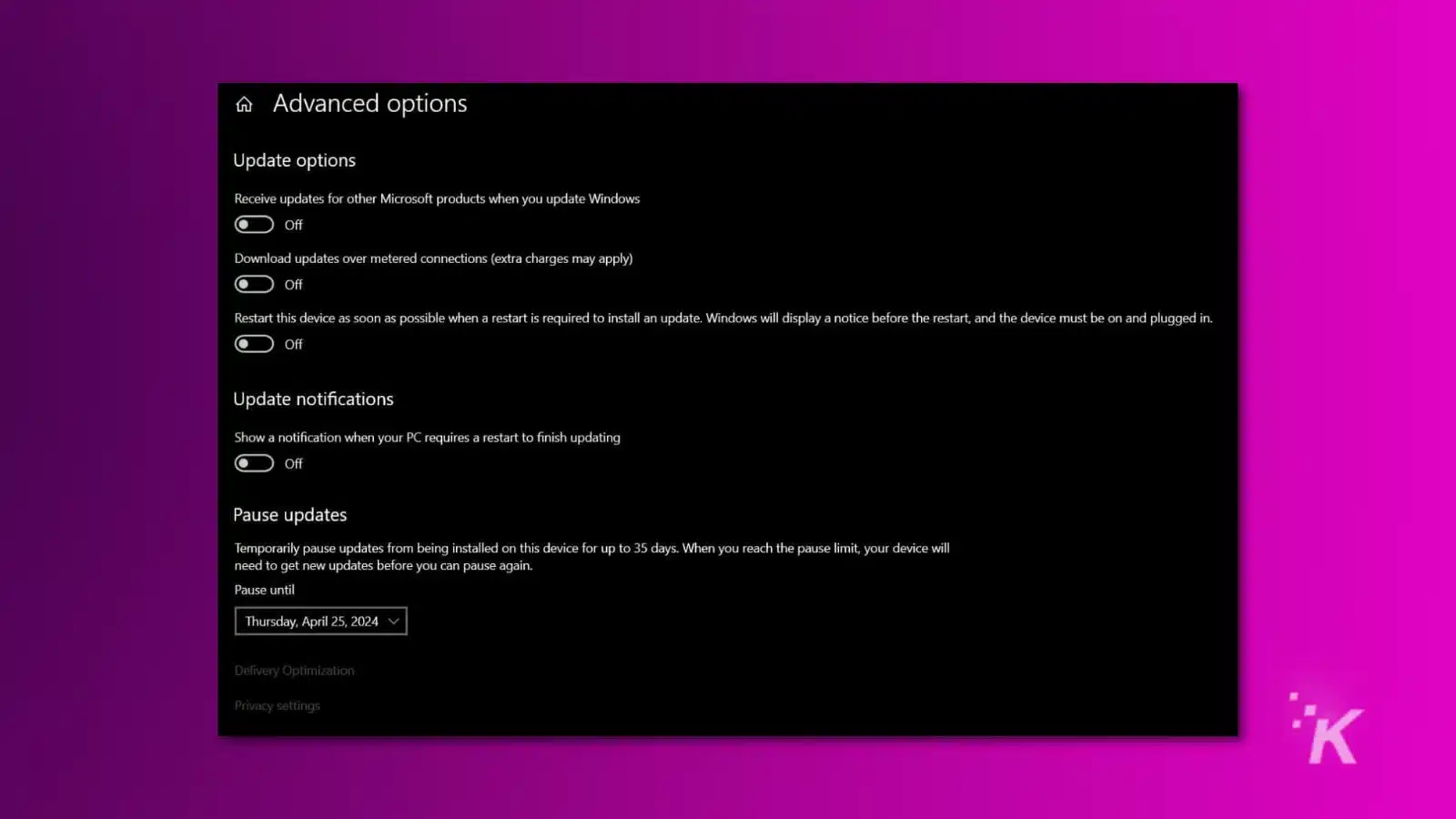 Screenshot of windows 11 update options for pausing automatic updates