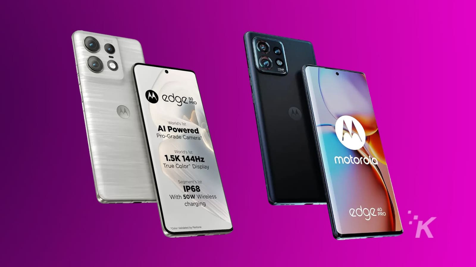 紫色の背景に Motorola Edge 5G Pro スマートフォン。
