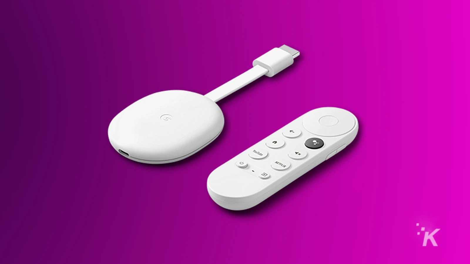 appareil google chromecast et télécommande sur fond violet.