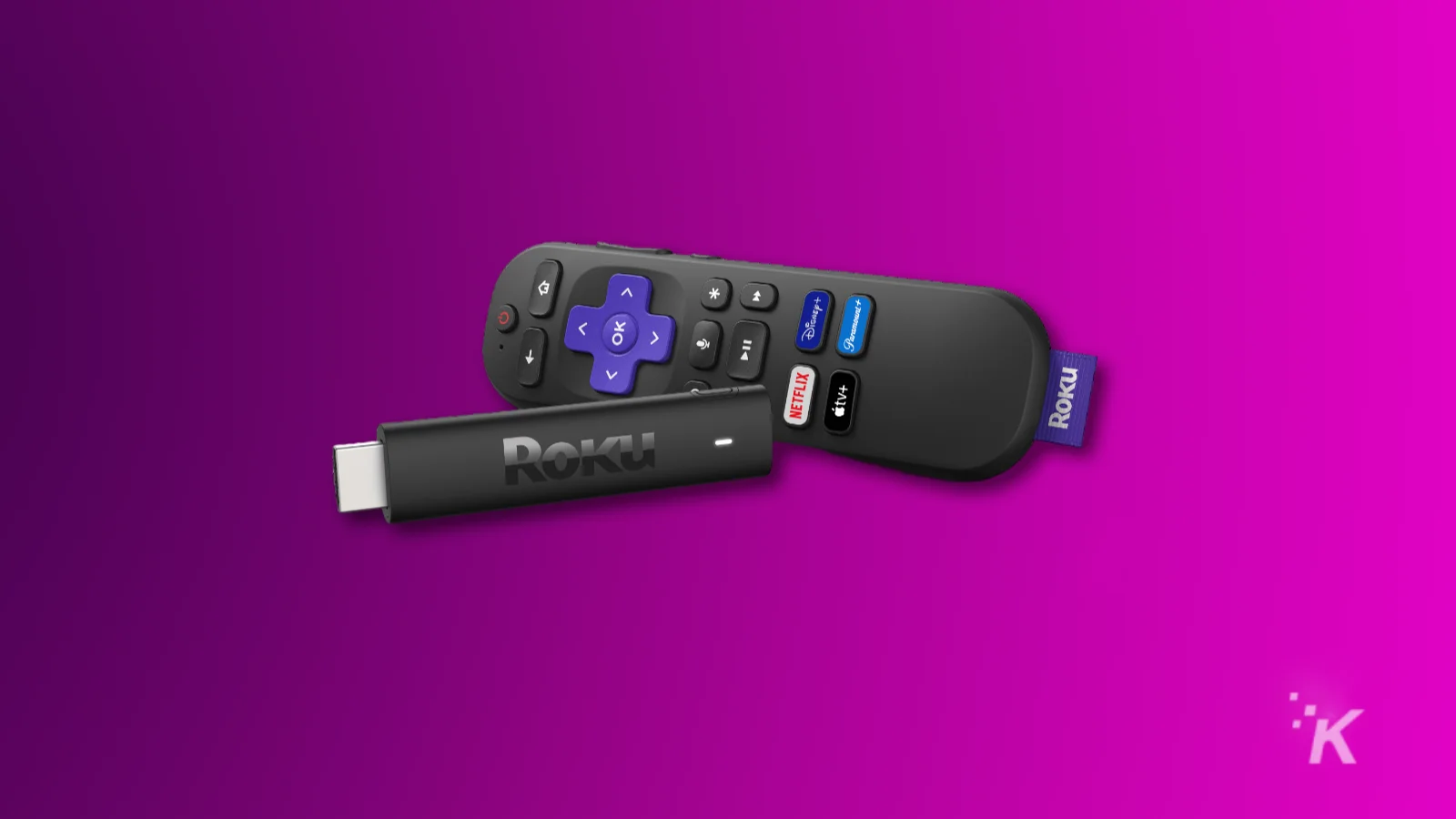 Clé de streaming Roku et télécommande sur fond violet