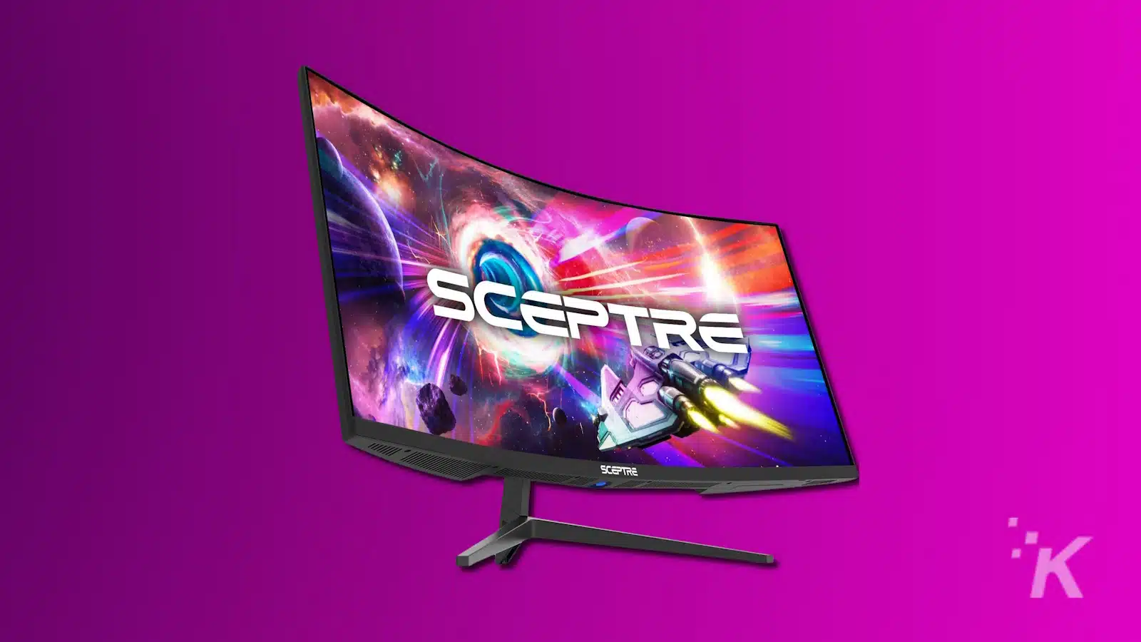 Monitor permainan Curved Scepter dengan latar belakang ungu.