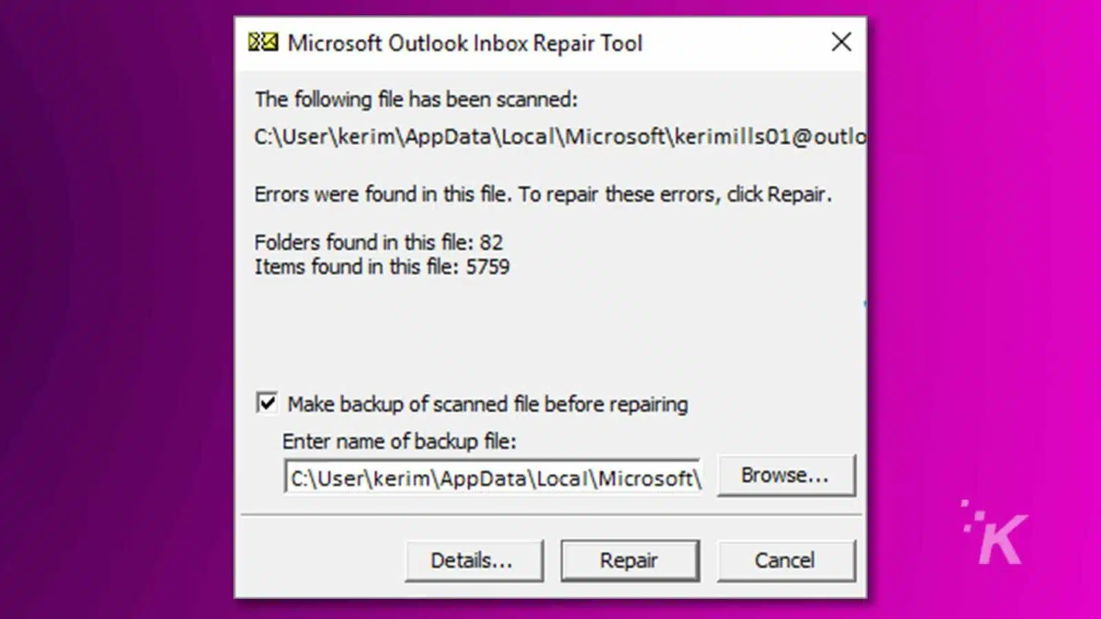 Outil de réparation de la boîte de réception Microsoft Outlook.