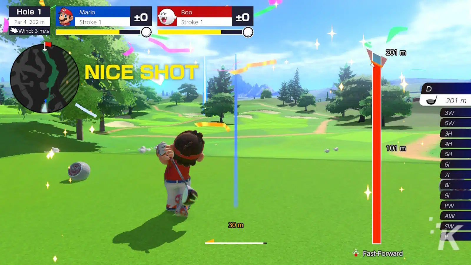 Mario joacă golf, „NICE SHOT” pe ecran.