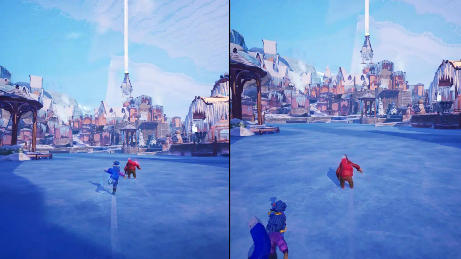 شخصيات متحركة تتزلج على سطح جليدي في بيئة خيالية.