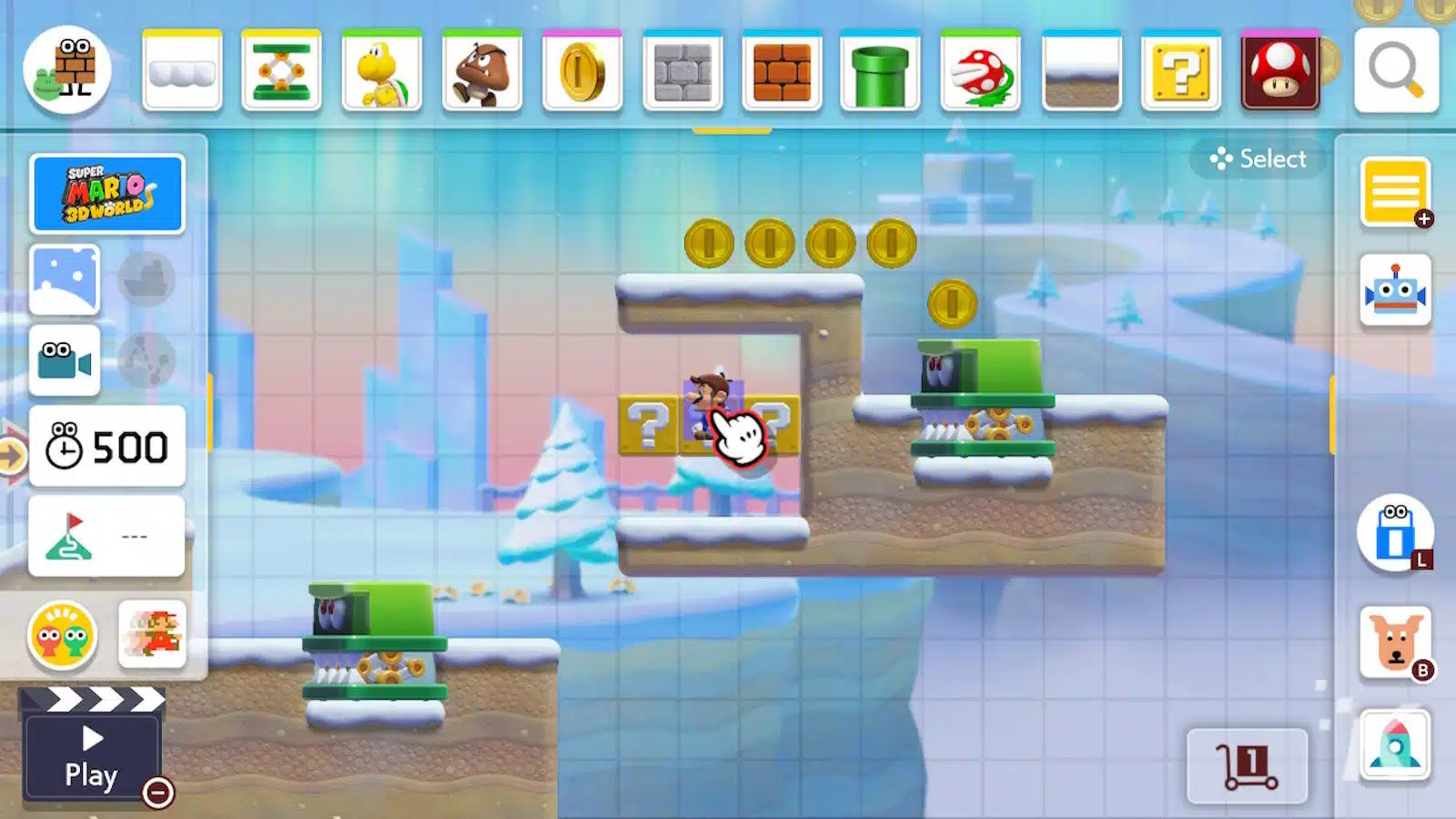 Interface d'éditeur de niveau sur le thème de Mario avec icônes et curseur.