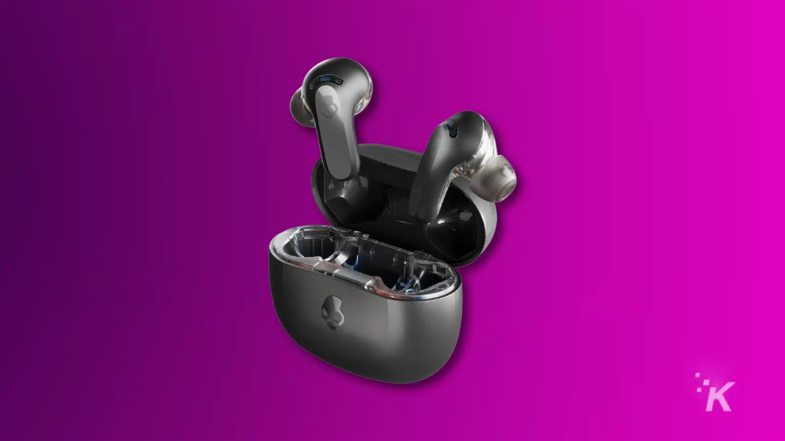 Наушники Skullcandy Rail Anc и чехол для зарядки на фиолетовом фоне