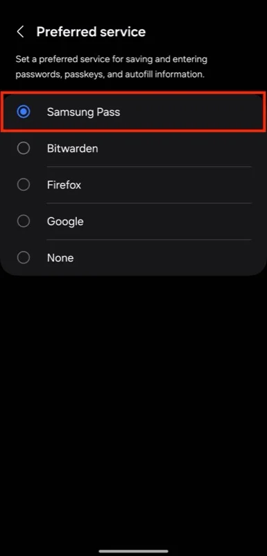 setting samsung pass as the default autofill service on a galaxy phone.