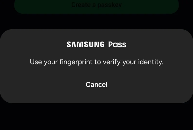 verifying identity to save whatsapp passkey on samsung pass on a samsung phone.