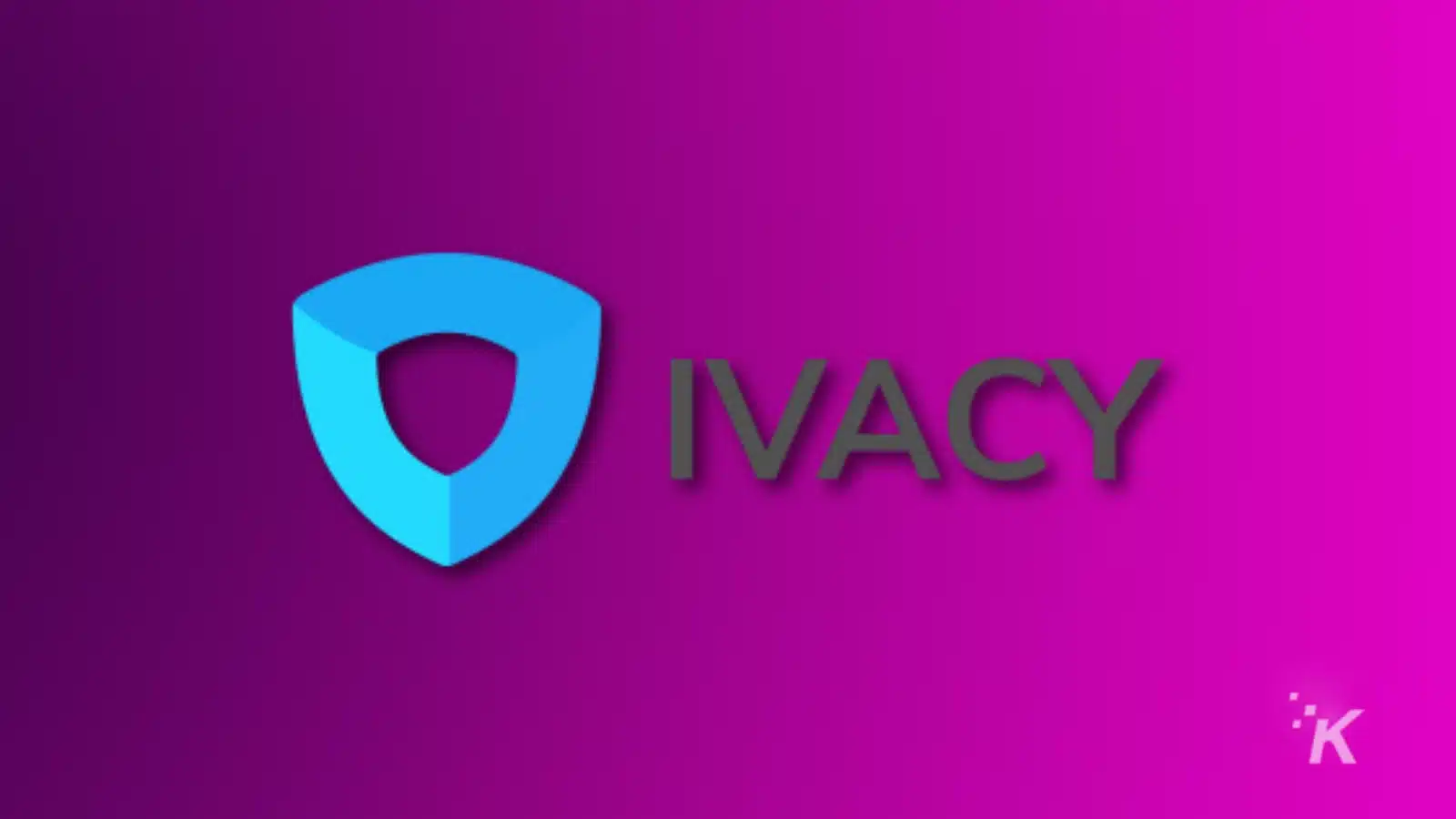 Logotipo Ivacy em fundo magenta com ícone de escudo.