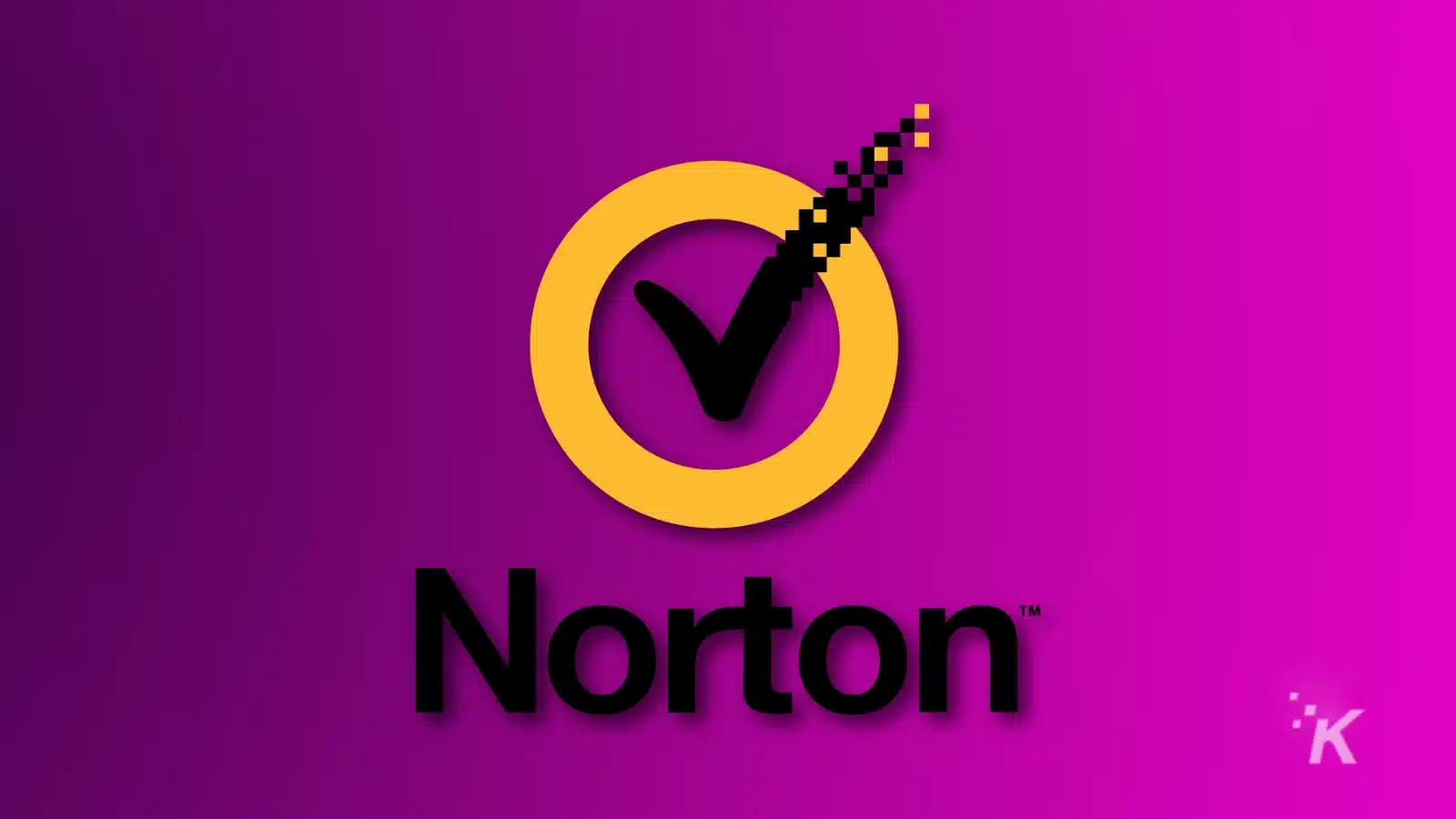 Logo Norton dengan tanda centang berpiksel pada latar belakang ungu.