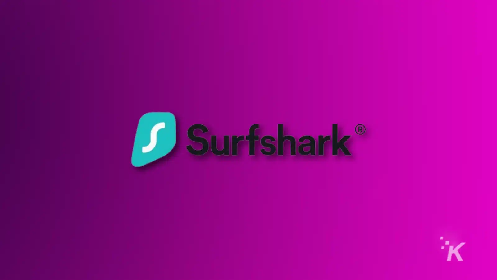 شعار Surfshark على خلفية أرجوانية نابضة بالحياة.
