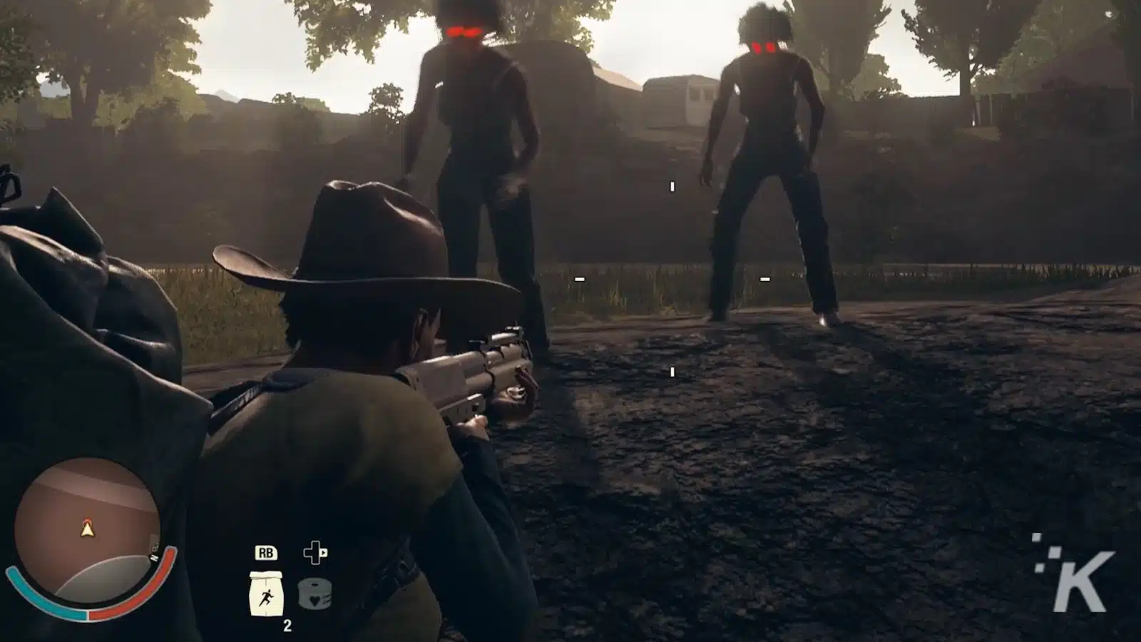 Cowboy visant des zombies dans un jeu vidéo.